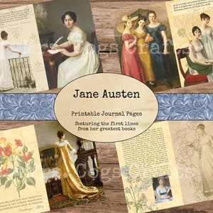 Op de afbeelding: Printbare dagboekpagina's met de eerste regels uit Jane Austens beroemdste romans. De pagina's bevatten bloemillustraties en portretten van vrouwen in historische kleding. De tekst bevat citaten uit "Pride and Prejudice", "Sense and Sensibility", "Emma" en "Northanger Abbey".
