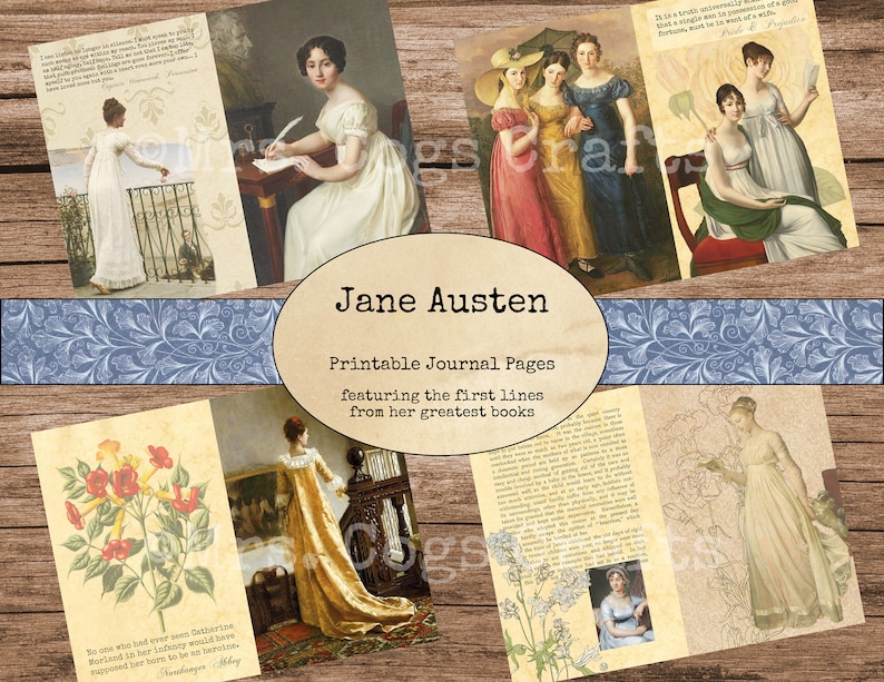 Op de afbeelding: Printbare dagboekpagina's met de eerste regels uit Jane Austens beroemdste romans. De pagina's bevatten bloemillustraties en portretten van vrouwen in historische kleding. De tekst bevat citaten uit "Pride and Prejudice", "Sense and Sensibility", "Emma" en "Northanger Abbey".