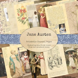 Op de afbeelding: Printbare dagboekpagina's met de eerste regels uit Jane Austens grootste boeken. De pagina's zijn versierd met vintage illustraties en bloemmotieven. De tekst bevat citaten uit "Pride and Prejudice", "Sense and Sensibility", "Emma" en "Persuasion".