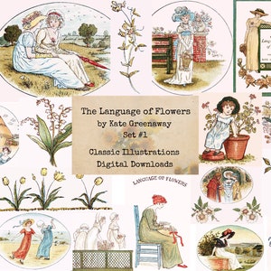 The Language of Flowers - Set #1 by Kate Greenaway - Digital Ephemera Classics, Digital Images, Vintage Art, Digital Collage, Art Ephemera