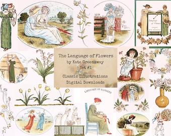 The Language of Flowers - Set #1 by Kate Greenaway - Digital Ephemera Classics, Digital Images, Vintage Art, Digital Collage, Art Ephemera