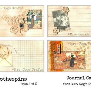 May include: Four vintage-style journal cards with a lined paper background. The cards feature images of a butterfly, a woman hanging laundry, a girl ironing, and a clothespin. The text "Mrs. Cogs Crafts" appears on each card. The text "Clothespins (page 2 of 3)" appears at the bottom of the left side of the image. The text "Journal Cards from Mrs. Cog's Crafts" appears at the bottom of the right side of the image.