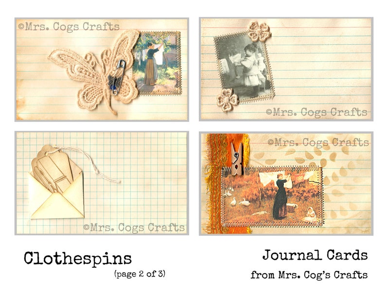 May include: Four vintage-style journal cards with a lined paper background. The cards feature images of a butterfly, a woman hanging laundry, a girl ironing, and a clothespin. The text "Mrs. Cogs Crafts" appears on each card. The text "Clothespins (page 2 of 3)" appears at the bottom of the left side of the image. The text "Journal Cards from Mrs. Cog's Crafts" appears at the bottom of the right side of the image.