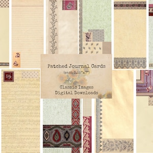 Pode incluir: Uma colagem de 12 cartões de diário vintage com vários padrões e designs. Cada cartão mede 8,25 cm por 17,78 cm. Os cartões apresentam uma variedade de cores, incluindo bege, marrom, vermelho e verde. O texto "Patched Journal Cards" e "Classic Images Digital Downloads" é visível no centro da colagem.
