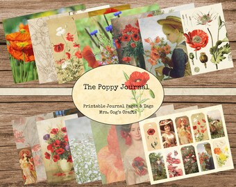 The Poppy Journal - Diário para impressão, imagens vintage, papel para impressão, diário de arte, cartões postais para impressão, etiquetas para impressão, kit de diário
