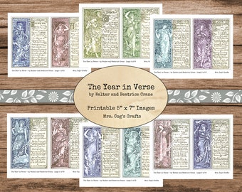 The Year in Verse by Walter Crane - 5x7 inches, Ephemera, Printable Images, Vintage Art, Instant Download, Digital Collage, Book Pages