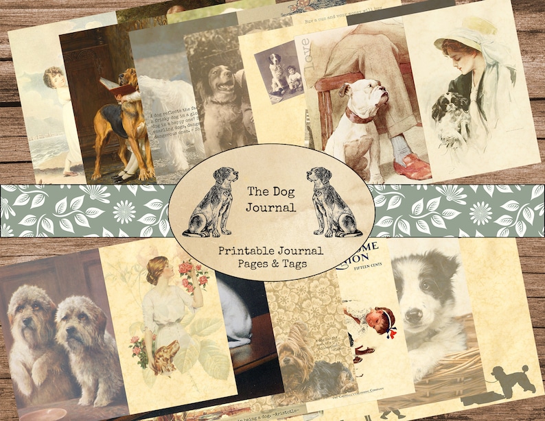 Pu&ograve; includere: Un collage digitale di immagini vintage con cani, tra cui un segugio, un bulldog, un terrier e un barboncino. Il collage &egrave; intitolato "The Dog Journal: Printable Journal Pages & Tags".