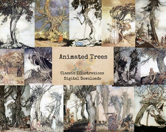 Animated Trees - Digital Ephemera Classics, Digital Images, Vintage Art, Instant Download, Digital Collage, Vintage Images