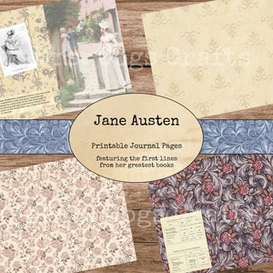 Op de afbeelding: Printbare dagboekpagina's met de eerste regels uit Jane Austens grootste boeken. De pagina's hebben een vintage esthetiek met bloemmotieven in roze, blauwe en bruine tinten.