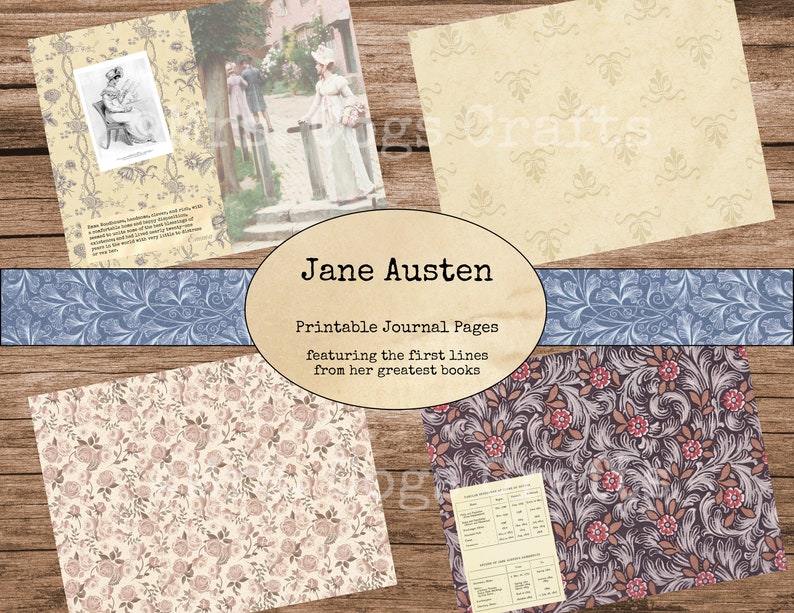 Op de afbeelding: Printbare dagboekpagina's met de eerste regels uit Jane Austens grootste boeken. De pagina's hebben een vintage esthetiek met bloemmotieven in roze, blauwe en bruine tinten.