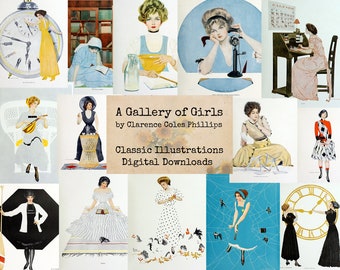 Könnte beinhalten: Eine Collage aus Vintage-Illustrationen mit Frauen in verschiedenen Umgebungen. Die Illustrationen sind im klassischen Stil gehalten und zeigen eine Vielzahl von Farben und Mustern. Der Titel "A Gallery of Girls by Clarence Coles Phillips" ist oben auf der Collage zu sehen.