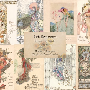 Tarjetas de felicitación Art Nouveau Set #2 - Postales de Vacaciones, Imágenes Digitales, Tarjetas de índice imprimibles, Descarga Instantánea, Collage Digital, Tarjetas