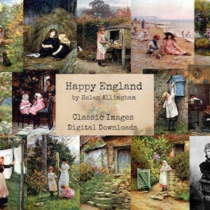 Puede incluir: Un collage de ilustraciones vintage que representan escenas de la vida en el campo inglés. Las imágenes muestran niños, mujeres y paisajes, con una tarjeta de título que dice "Happy England by Helen Allingham Classic Images Digital Downloads".