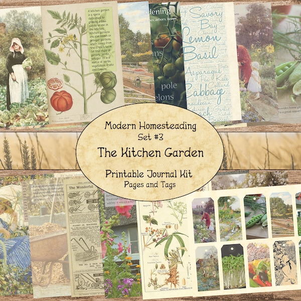 The Kitchen Garden Homestead Journal Kit, Printable Journal, Digital Journal, Vintage Images, Art Journal, Printable Tags