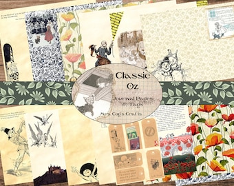 May include: A digital collage sheet featuring images from the classic book "The Wonderful Wizard of Oz". The sheet includes images of Dorothy, the Scarecrow, the Tin Man, the Cowardly Lion, and the Wicked Witch of the West. The sheet also includes text from the book, such as "Classic Oz" and "Journal Pages & Tags".