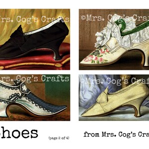 May include: Four vintage illustrations of women's shoes. The shoes are all different styles and colors, and they are all set against a white background. The text "Shoes" and "from Mrs. Cog's Crafts" is at the bottom of the image.