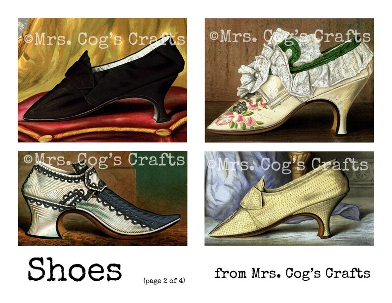May include: Four vintage illustrations of women's shoes. The shoes are all different styles and colors, and they are all set against a white background. The text "Shoes" and "from Mrs. Cog's Crafts" is at the bottom of the image.