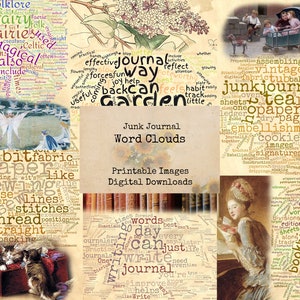 May include: A collage of images and word clouds related to junk journaling. The images include fairies, sewing supplies, a vintage photo of children, a woman reading a book, and stacks of books. The word clouds feature words related to junk journaling, such as "paper", "fabric", "sewing", "tea", "vintage", and "embellishments". The text "Junk Journal Word Clouds" is at the top of the collage, and the text "Printable Images Digital Downloads" is in the middle.