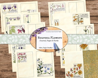 Nouveau Flowers Junk Journal Kit - páginas de diário para impressão, Art Nouveau, diário digital, imagens vintage, papel para impressão, diário de flores