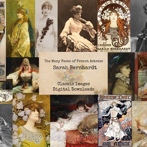 May include: A collage of images featuring French actress Sarah Bernhardt. The collage includes portraits, theatrical posters, and illustrations. The text "The Many Faces of French Actress Sarah Bernhardt" is displayed in the center of the collage.