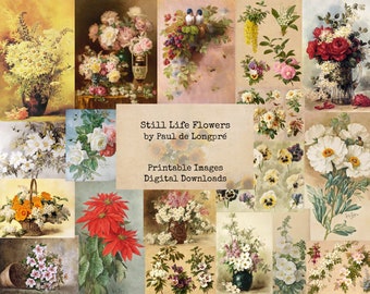May include: A collage of 16 vintage floral still life paintings by Paul de Longpré. The paintings feature a variety of flowers, including roses, daisies, pansies, and lilies. The paintings are in a romantic style and are perfect for adding a touch of elegance to any home.