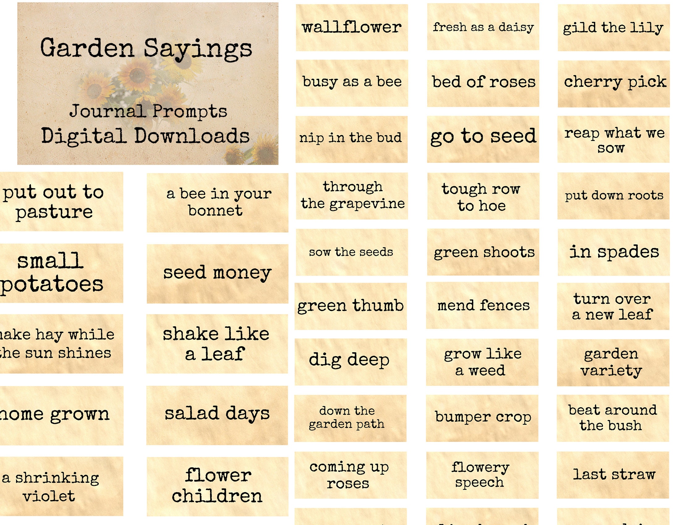 Garden Sayings - Journal Prompts, Printable Words, Instant Download, Digital Collage, Art ...