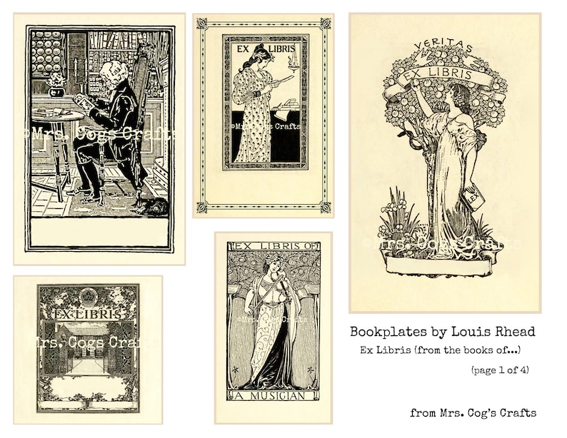 Bokexlibris av Louis Rhead - Ex Libris - Etiketter för tidskrifter och böcker - Utskrivbara bokexlibris, digitala bilder, vintagekonst, omedelbar nedladdning bild 2