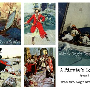 May include: A collage of six vintage illustrations depicting pirates on a ship, in a town, and on a beach. The illustrations are in a cartoon style and feature a pirate captain, a pirate ship, and a pirate crew. The text "A Pirate's Life (page 1 of 3) from Mrs. Cog's Crafts" is at the bottom of the collage.