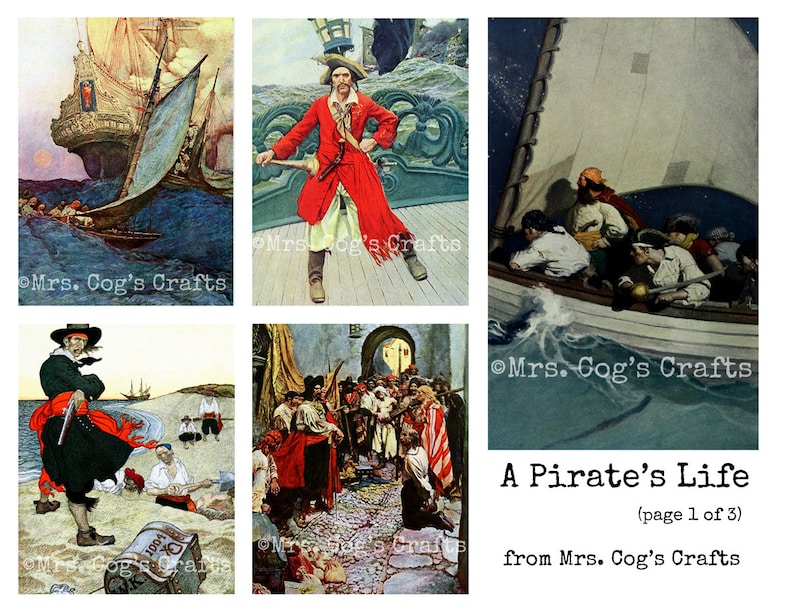 May include: A collage of six vintage illustrations depicting pirates on a ship, in a town, and on a beach. The illustrations are in a cartoon style and feature a pirate captain, a pirate ship, and a pirate crew. The text "A Pirate's Life (page 1 of 3) from Mrs. Cog's Crafts" is at the bottom of the collage.