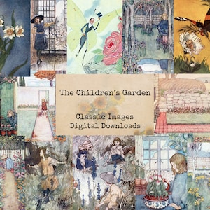 Könnte beinhalten: Eine Collage von Vintage-Illustrationen mit Szenen aus "The Children's Garden". Die Bilder zeigen Kinder, Blumen, Feen und Gartenlandschaften. Der Text auf dem Bild lautet "The Children's Garden, Classic Images, Digital Downloads."