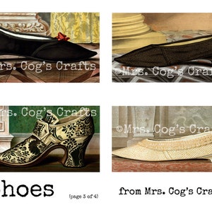 May include: Four vintage illustrations of women's shoes. The shoes are all different styles, including a black pump with a red bow, a brown pump with a pointed toe, a black and white patterned shoe with a high heel, and a cream-colored pump with a pointed toe.