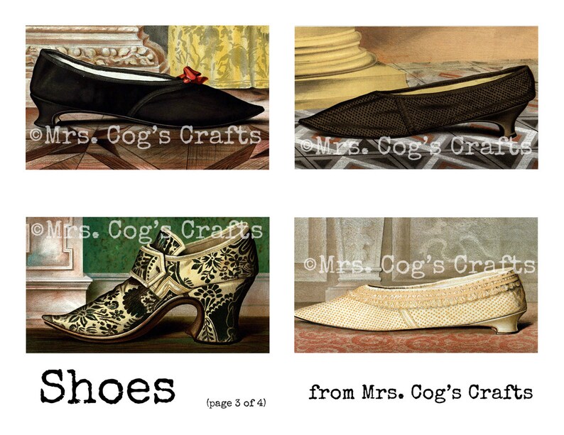 May include: Four vintage illustrations of women's shoes. The shoes are all different styles, including a black pump with a red bow, a brown pump with a pointed toe, a black and white patterned shoe with a high heel, and a cream-colored pump with a pointed toe.