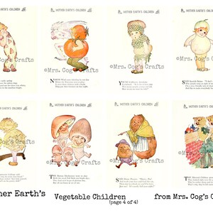 May include: A collection of eight vintage illustrations titled "Mother Earth's Vegetable Children" by Mrs. Cog's Crafts. Each card features a whimsical anthropomorphic vegetable character with accompanying text. The illustrations are in soft, muted colors.