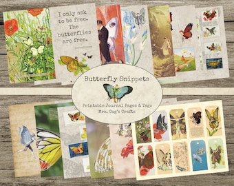 Butterfly Snippets Journal Kit - Printable Journal, Vintage Images, Printable Paper, Art Journal, Printable Tags