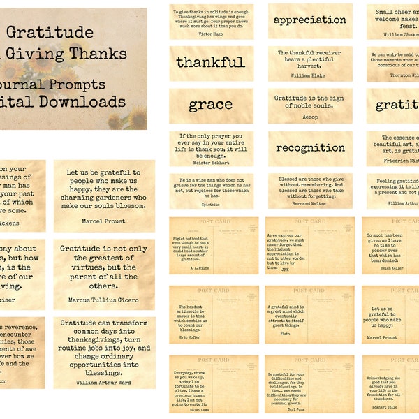 Gratitude and Giving Thanks Words & Quotes - Journal Prompts, Printable Words, Instant Download, Art Ephemera, Printable Quotes