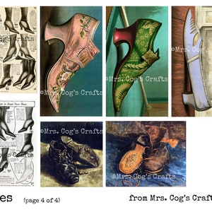 May include: A collage of vintage images featuring various styles of shoes. The images include a pair of black leather boots, a pair of brown leather boots, a pair of pink satin shoes, a pair of green and red shoes, and a pair of blue satin shoes.