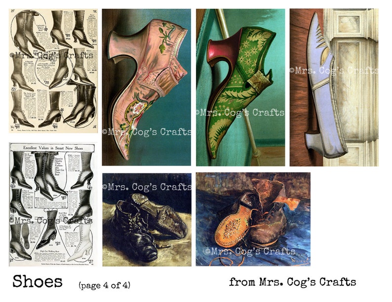 May include: A collage of vintage images featuring various styles of shoes. The images include a pair of black leather boots, a pair of brown leather boots, a pair of pink satin shoes, a pair of green and red shoes, and a pair of blue satin shoes.