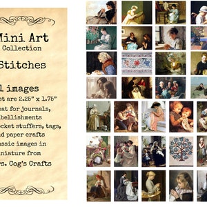 May include: A collection of 31 miniature art images, most measuring 2.25" x 1.75", featuring classic images of people sewing and doing needlework. The images are from Mrs. Cog's Crafts and are suitable for journals, embellishments, and paper crafts.