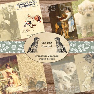 Pu&ograve; includere: Un kit di diario stampabile con un'estetica vintage che presenta immagini di cani e citazioni sui cani. Il kit include pagine ed etichette con un design floreale e il testo "The Dog Journal".