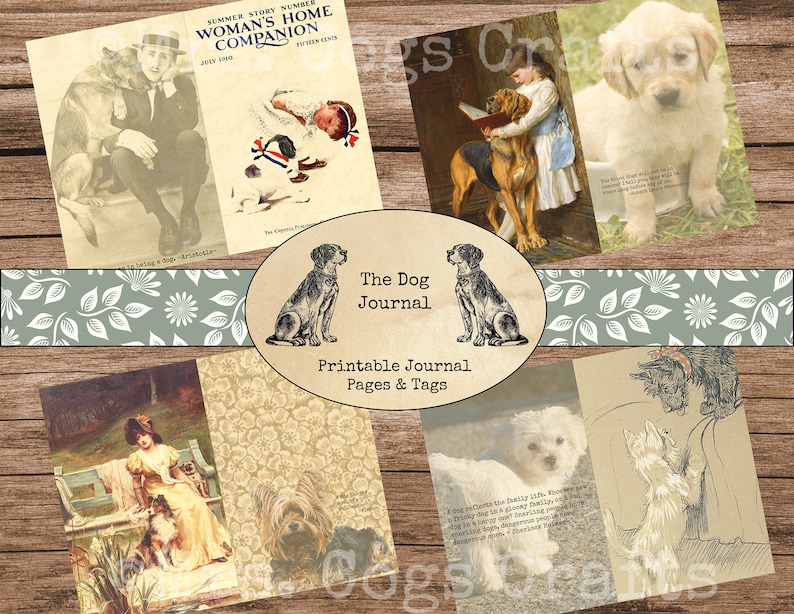 Pu&ograve; includere: Un kit di diario stampabile con un'estetica vintage che presenta immagini di cani e citazioni sui cani. Il kit include pagine ed etichette con un design floreale e il testo "The Dog Journal".