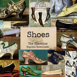 May include: A collage of vintage shoes, featuring a variety of styles and designs. The shoes are mostly black, white, and green, with some floral patterns. The text "Shoes The Classics Digital Downloads" is displayed in the center of the collage.