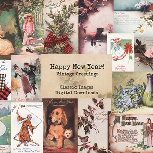 ¡Feliz Año Nuevo! Vintage Saludos - Postales de vacaciones, Imágenes digitales, Tarjetas de índice imprimibles, Descarga instantánea, Collage digital, Tarjetas