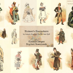 Può includere: Un collage di illustrazioni di personaggi dei romanzi di Charles Dickens. Le illustrazioni sono in bianco e nero e a colori, e raffigurano una varietà di personaggi, tra cui uomini, donne e bambini. Il titolo del collage è "Dickens' Characters" di Joseph Clayton Clarke (aka Kyd).