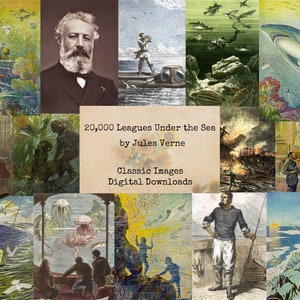 Peut inclure: Un collage d'illustrations et un portrait liés à "Vingt mille lieues sous les mers" de Jules Verne. L'image centrale affiche le texte : "20,000 Leagues Under the Sea by Jules Verne Classic Images Digital Downloads."