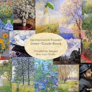 May include: A collage of 12 paintings by Impressionist founder Oscar-Claude Monet. The paintings feature various subjects, including water lilies, landscapes, and portraits. The text "Impressionist Founder Oscar-Claude Monet Printable Images Mrs. Cog's Crafts" is displayed in the centre of the collage.