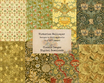 Könnte beinhalten: Eine Collage aus acht verschiedenen viktorianischen Tapetenmustern von William Morris. Die Designs zeigen florale Muster in Grün-, Gelb- und Rottönen. Der Text "Victorian Wallpaper Designs by William Morris (in 5" x 7" images) Classic Images Digital Downloads" ist auf einem beigefarbenen Hintergrund in der Mitte der Collage gedruckt.