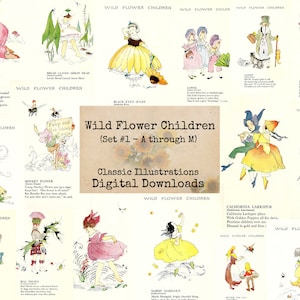 Wild Flower Childeren Set 1 (A through M) - Digital Ephemera, Digital Images, Vintage Art, Instant Download, Digital Collage, Art Ephemera
