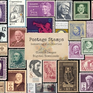 Sellos postales de Visionarios - Imágenes imprimibles, Descarga instantánea, Collage digital, Efemera, Imágenes digitales, Arte Vintage, Postal