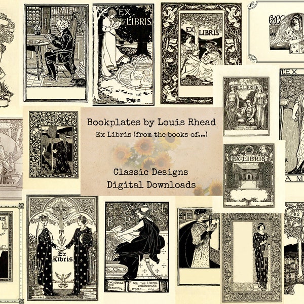 Bookplates de Louis Rhead - Ex Libris - Etiquetas para diarios y libros - Placas de libros imprimibles, imágenes digitales, arte vintage, descarga instantánea