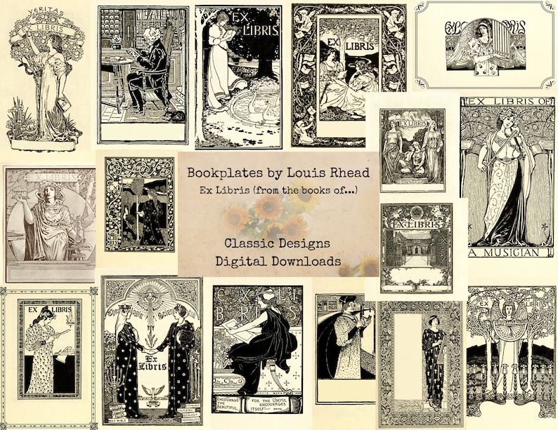 Bokexlibris av Louis Rhead - Ex Libris - Etiketter för tidskrifter och böcker - Utskrivbara bokexlibris, digitala bilder, vintagekonst, omedelbar nedladdning bild 1